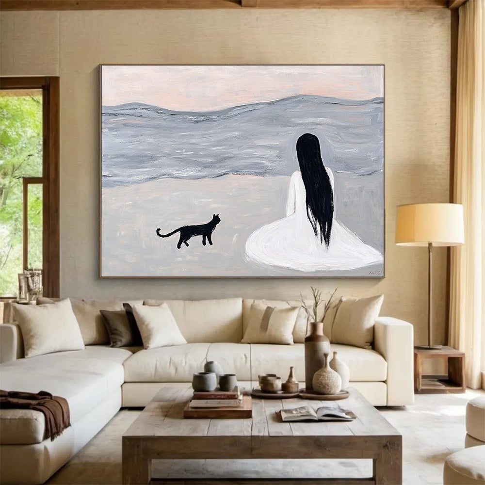 “Woman and Cat by the Sea” - A woman and a black cat sitting by the sea, Minimalist Figurative Painting On Canvas HB0554