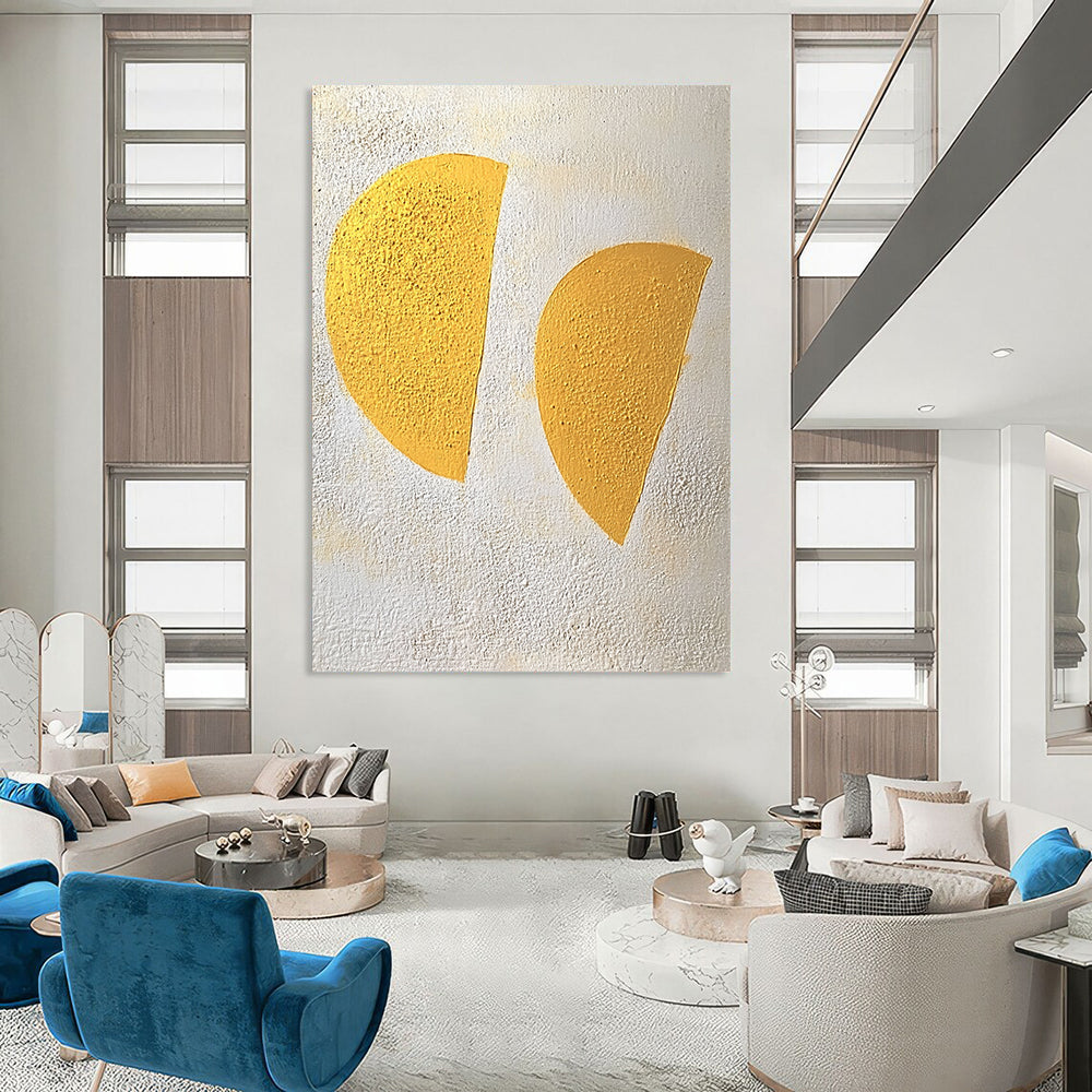 Large contemporary hand-painted abstract art featuring two yellow half-circles against a textured white and gray background in a soft color palette. DLZ1429