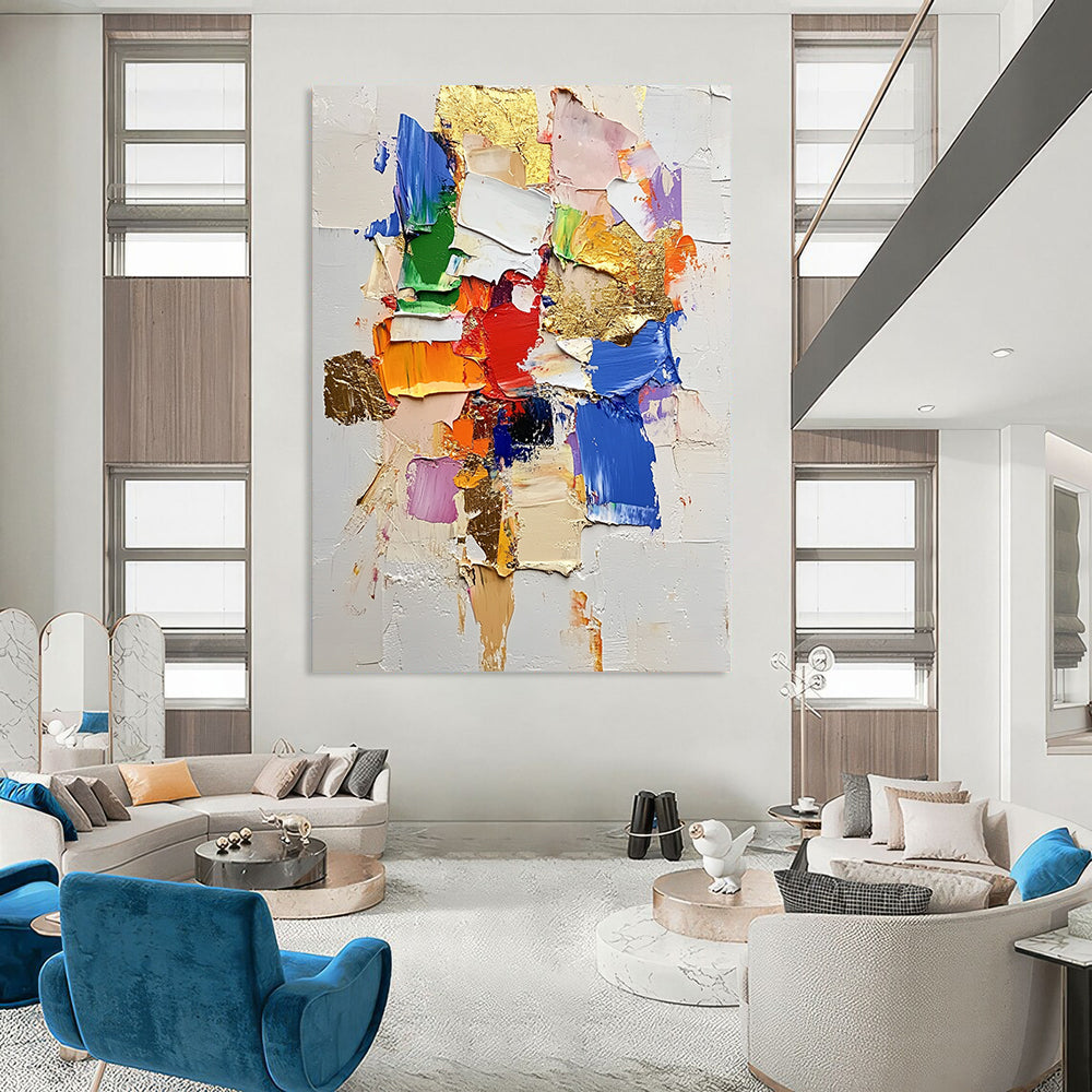 Contemporary hand-painted abstract art featuring textured thick paint vibrant color blocks and elegant gold foil accents on a white background. DLZ0682