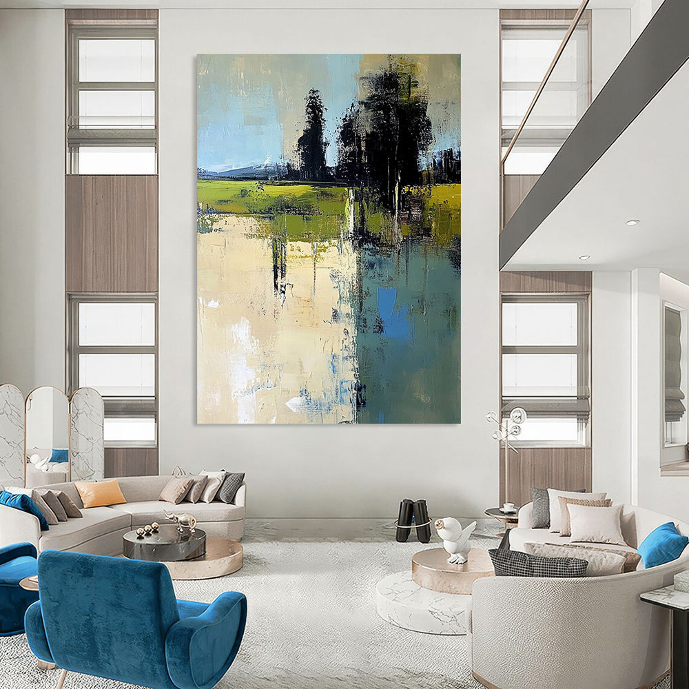 Contemporary hand-painted abstract artwork featuring an Italian landscape with muted beige greens and blues in a minimalist style. DLZ0463