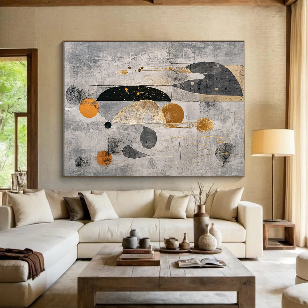 Gray, Black, Gold and Orange Geometric Shapes "Ethereal Geometry" Painting On Canvas HB331