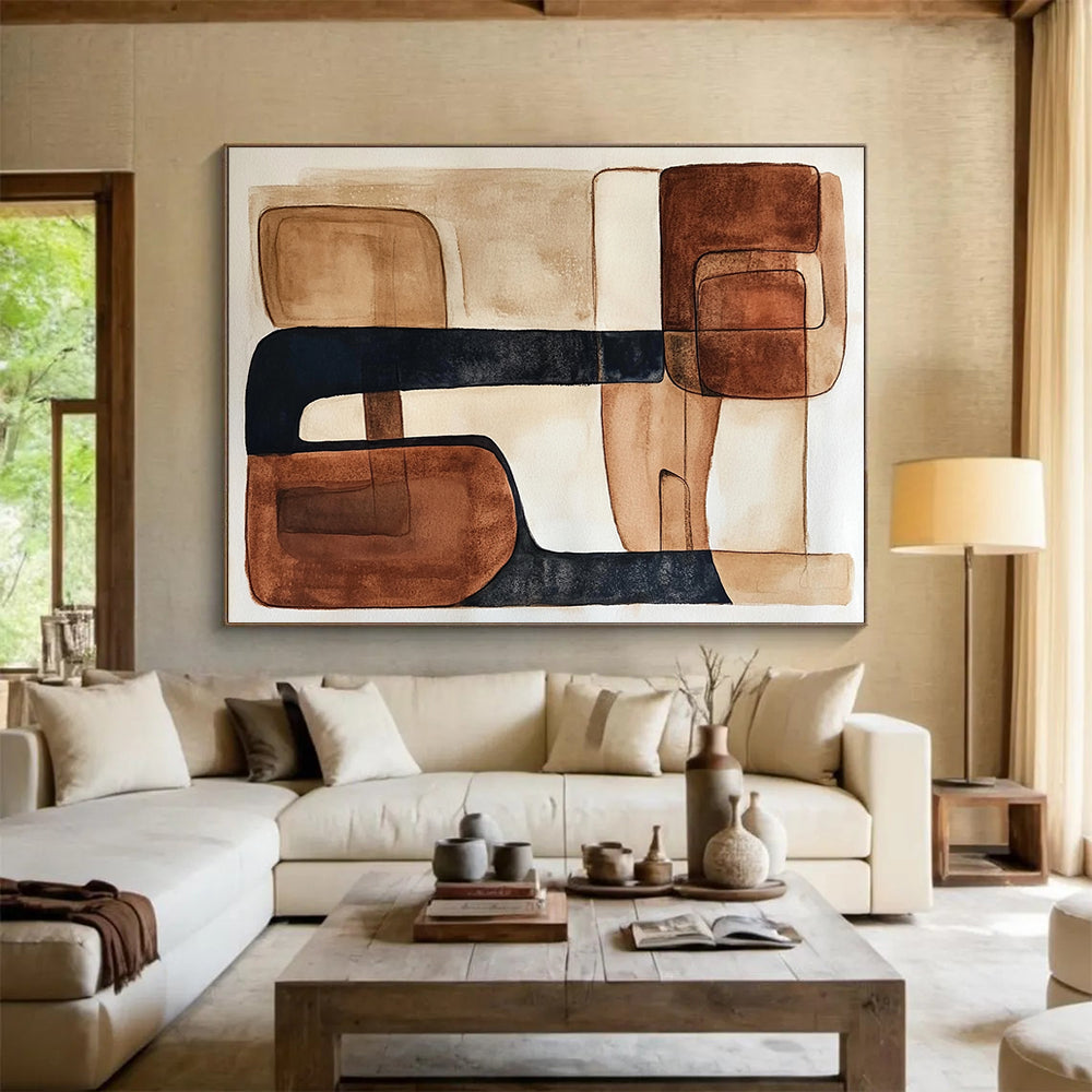 “Earthy Geometric Harmony” - Browns, Blacks, Beiges, Abstract Shapes - Watercolor Abstract Painting HB1556