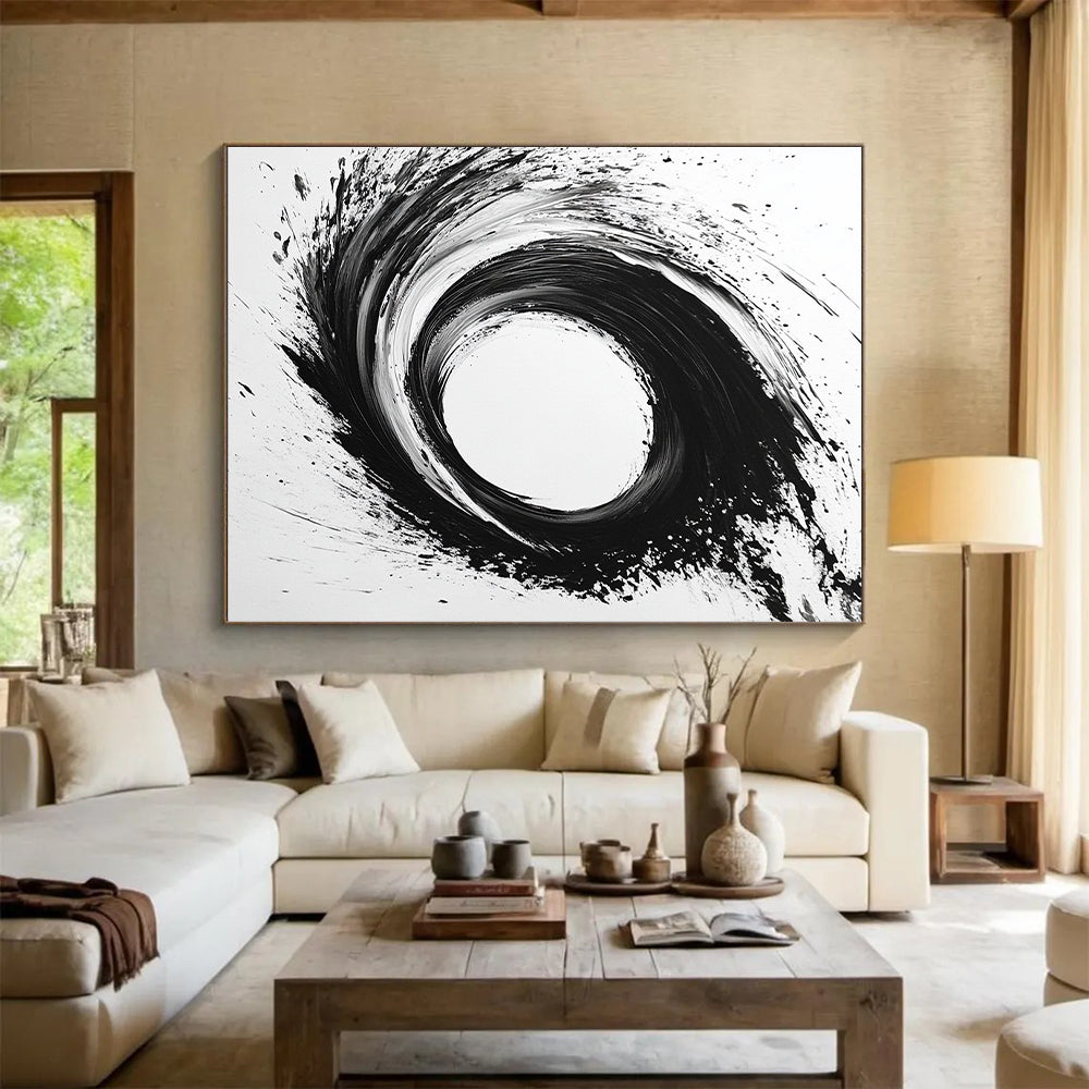 Black, White, Dynamic Circular Swirl "Whirlwind Ink" Abstract Expressionist Painting On Canvas HB133