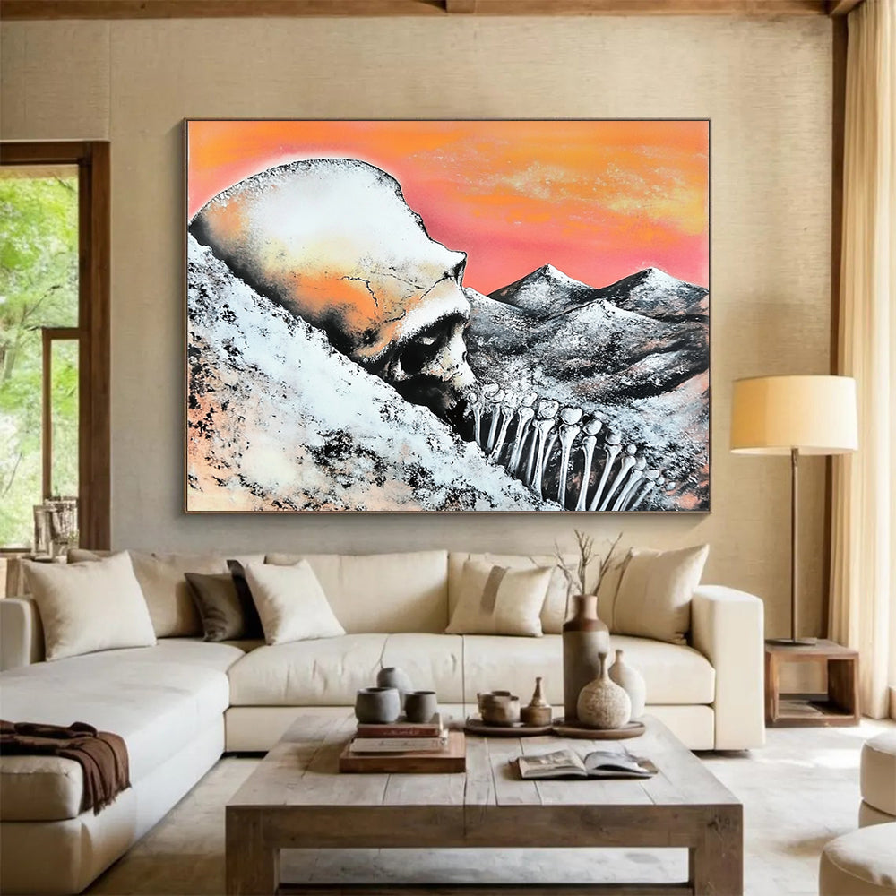 “Skull and Mountains” - Orange, Pink, Gray, Black, Surreal Landscape - Surrealist Acrylic Painting HB1553