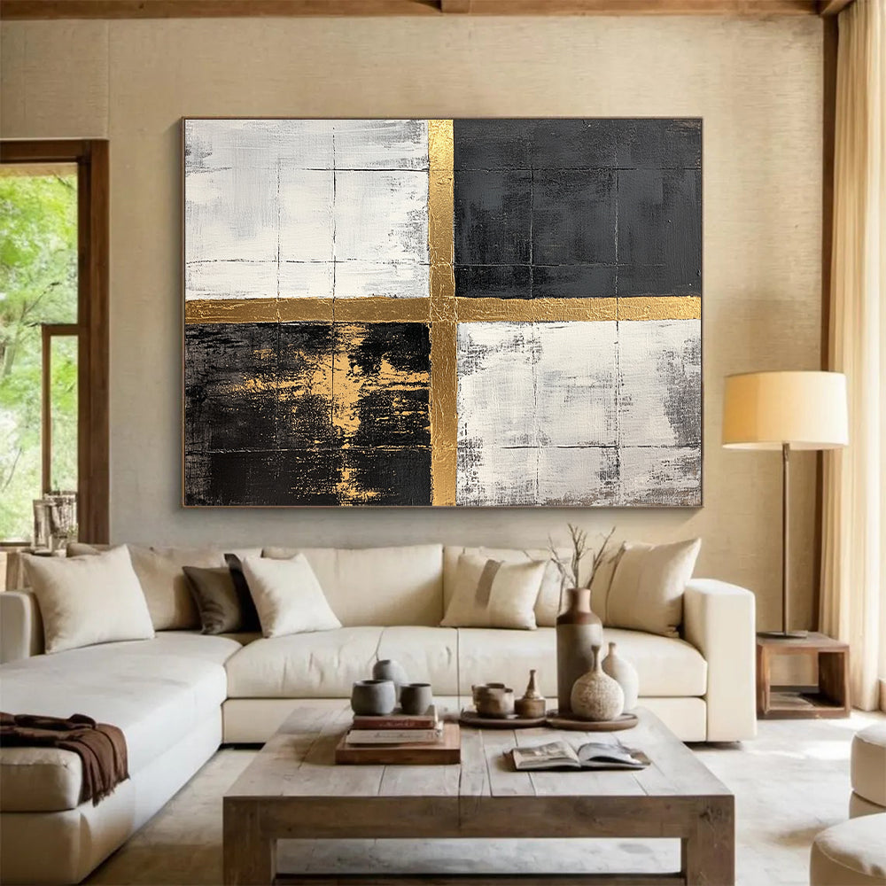 Black, White, Gold, Grid - Crossed Squares "Gilded Grid Intersection" Abstract Geometric Painting On Canvas HB161