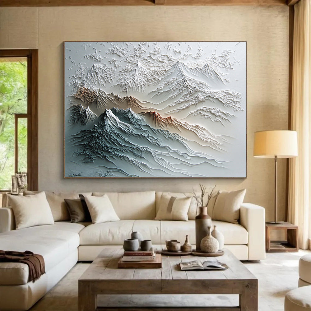 White, Gray, Brown and Blue Textured Mountain "Sculpted Peaks" Painting On Canvas HB0667