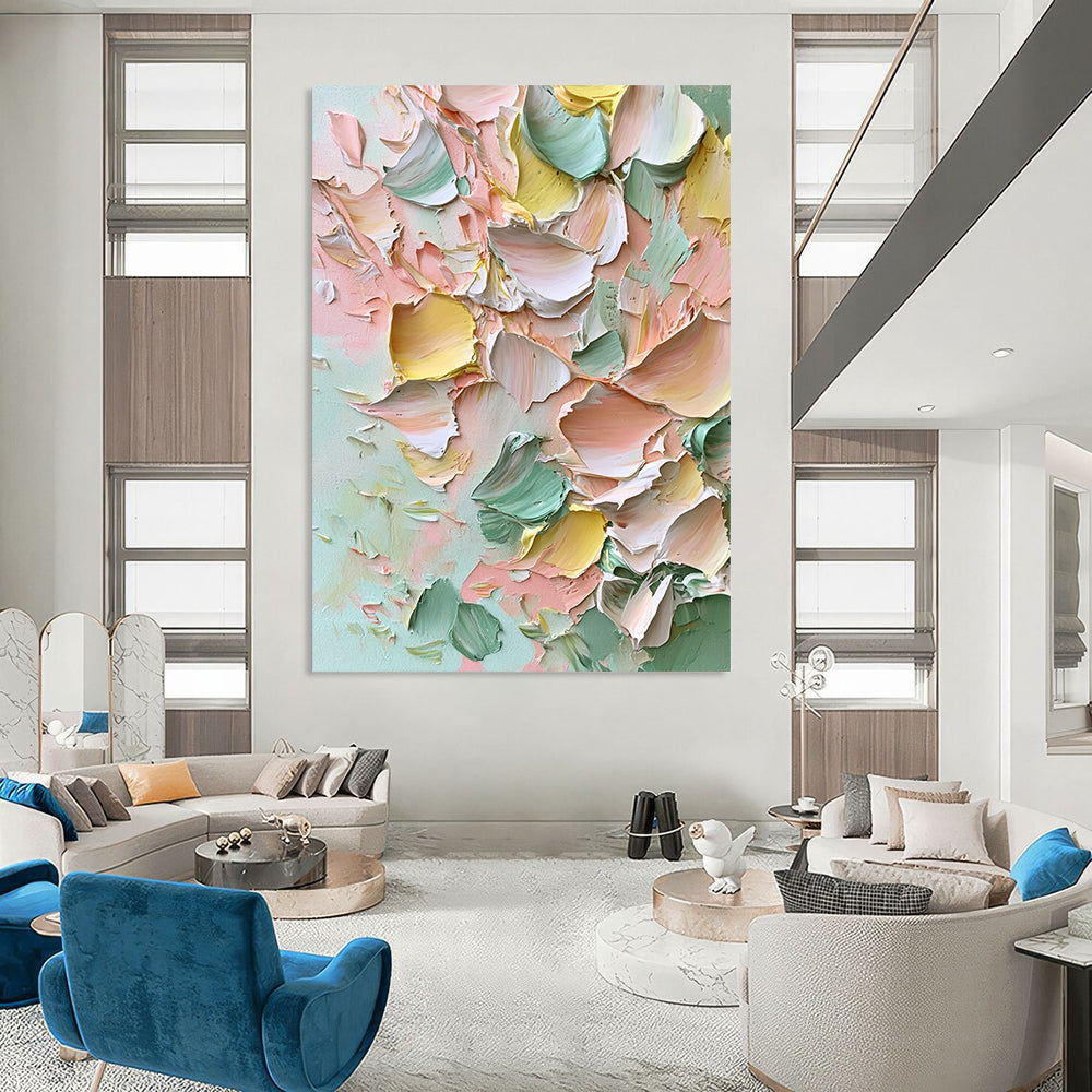 Contemporary large hand-painted abstract artwork featuring thick impasto strokes of soft pinks greens yellows and whites creating dreamy floral textures. DLZ1225