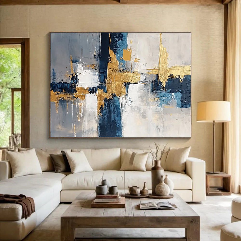 “Geometric Gold - Blue - Gray Abstract” - Gold, Blue, Gray, White, Geometric Forms Painting On Canvas HB0820