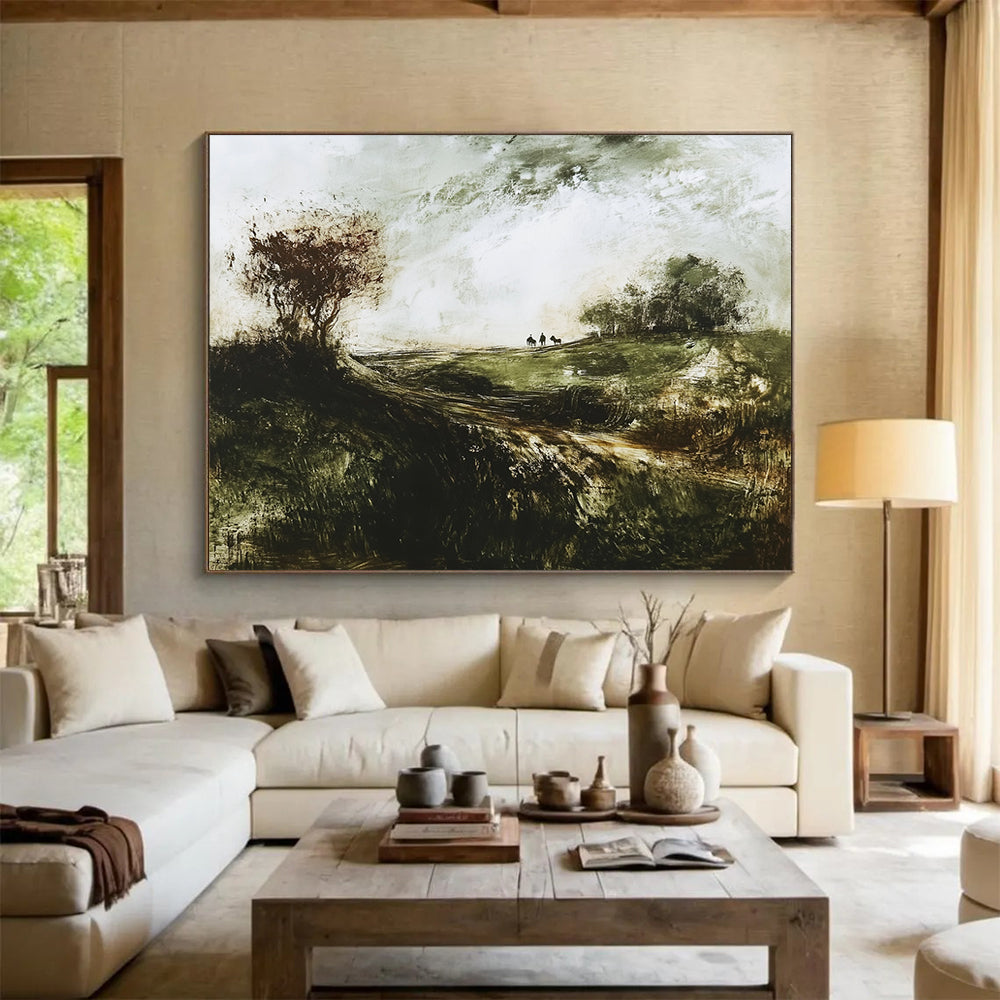 “Misty Moorland Ride” - Earthy greens, muted tones, Textural Landscape Painting On Canvas HB0568
