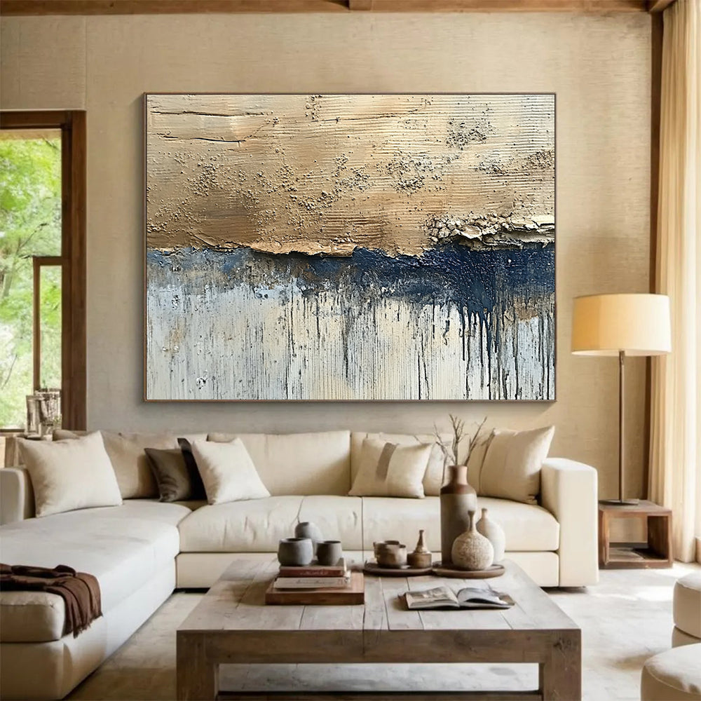 “Textured Earth Tones” - Beige, Blue, White, Raw Textured Painting On Canvas HB1014