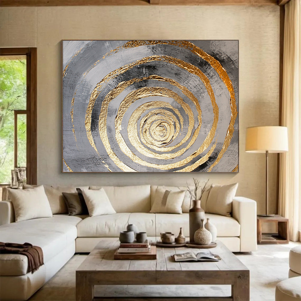 Black, Gray and Gold Concentric Circles with Drips "Dynamic Dripping Vortex" Painting On Canvas HB383