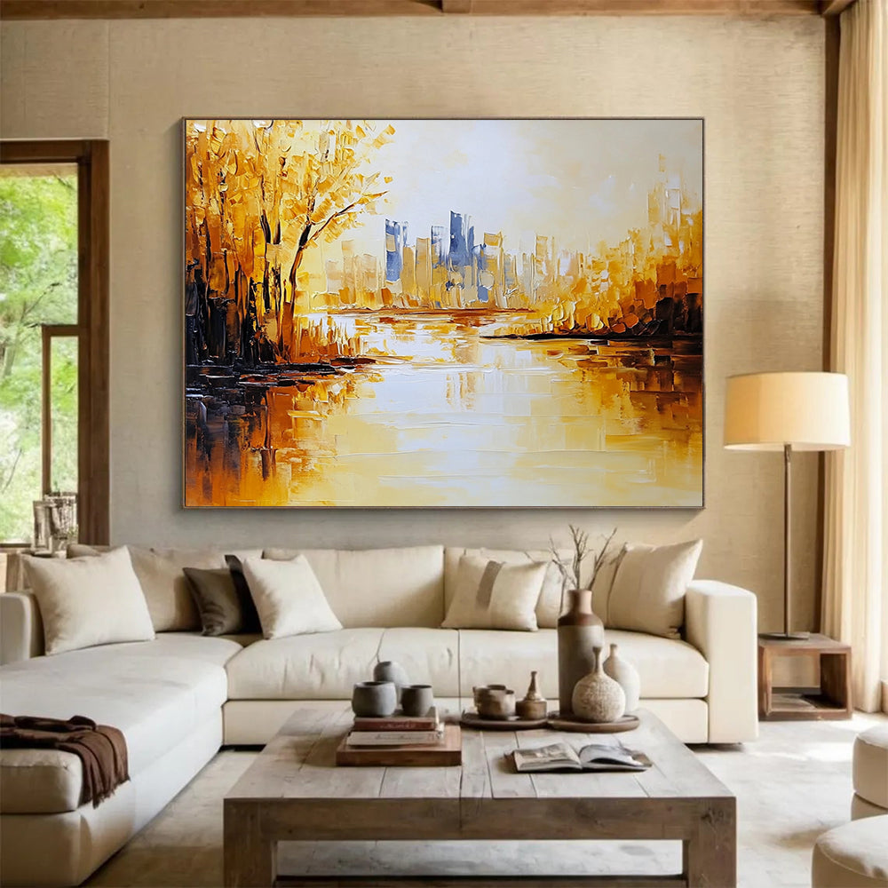 “Golden Cityscape” - Gold, Blue, Yellow, Shimmering City and Reflective River Painting On Canvas HB0934