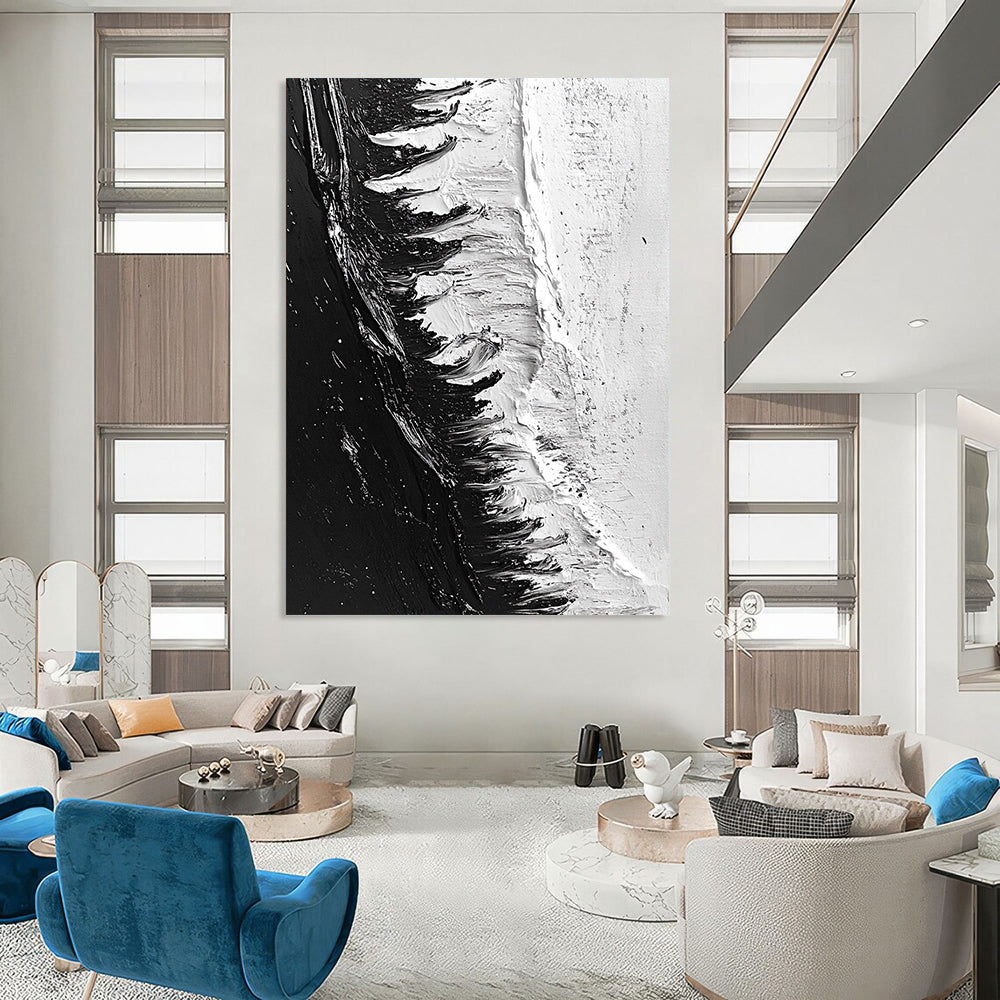 Contemporary abstract painting featuring dynamic black and white ice shelf with heavy brush strokes and a photorealistic oil finish. DLZ0307