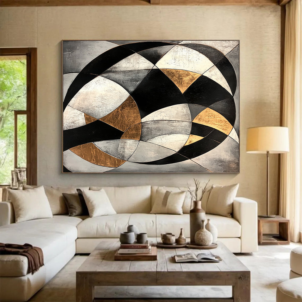 Gray, Black, White, Gold, Curved Geometry "Celestial Arc" Abstract Cosmic - Inspired Painting On Canvas HB079