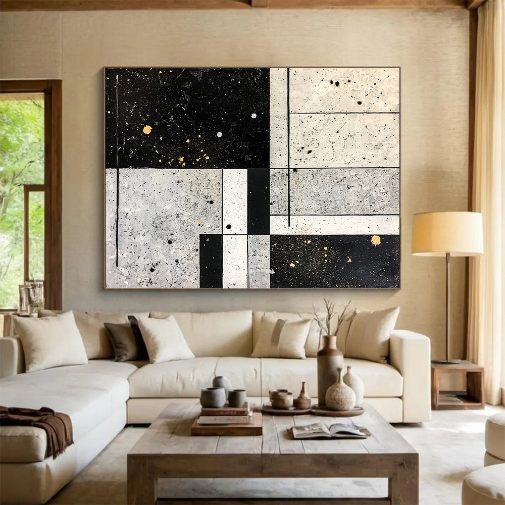 Black, White, Gray, Gold with Grid Splatter "Industrial Chic" Abstract Painting On Canvas HB015