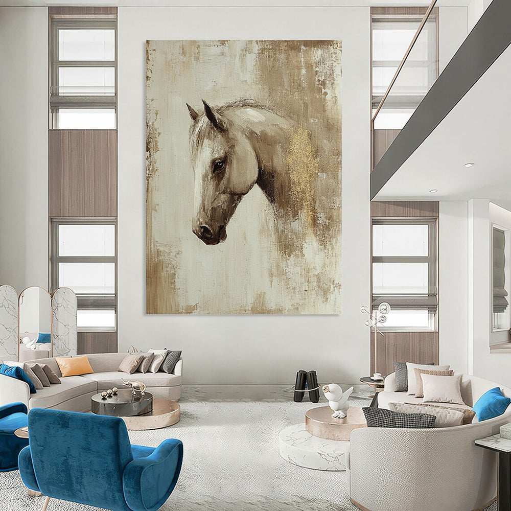 Contemporary abstract oil painting featuring a beige-toned Arabian horse profile with visible brush strokes and gold leaf detail, inspired by Richard Schmid. DLZ0895