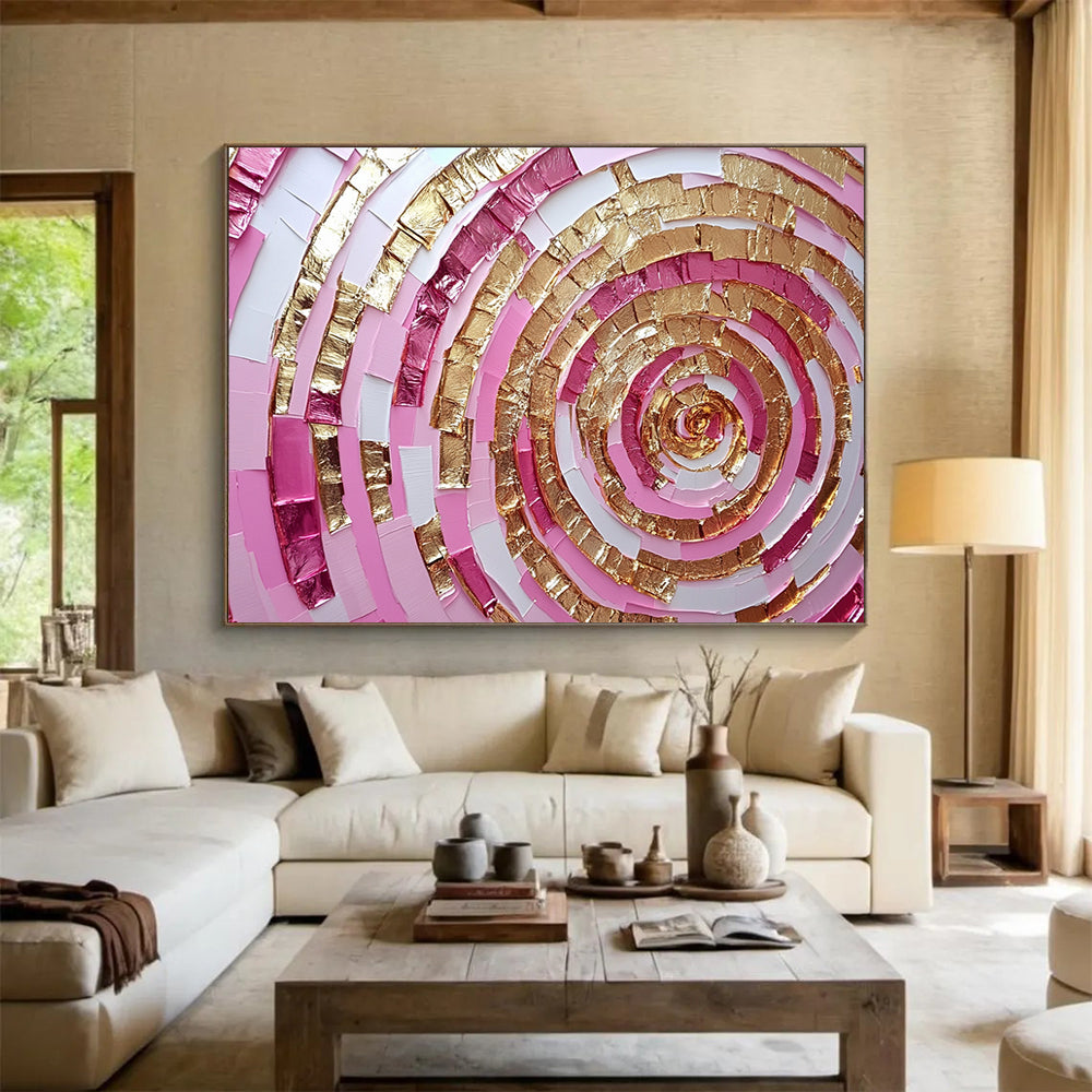 “Pink and Gold Spiral” - Shades of Pink, Gold, White, Layered Spiral Pattern - Mixed - Media Collage HB1727