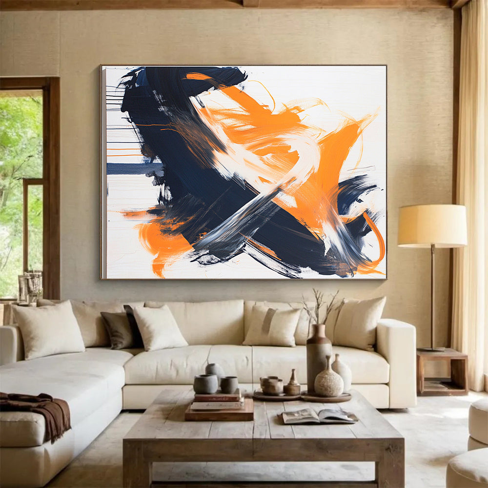 White, Orange, Black, Gray, Bold Brushstrokes "Fiery Clash" Abstract Expressionist Painting On Canvas HB056