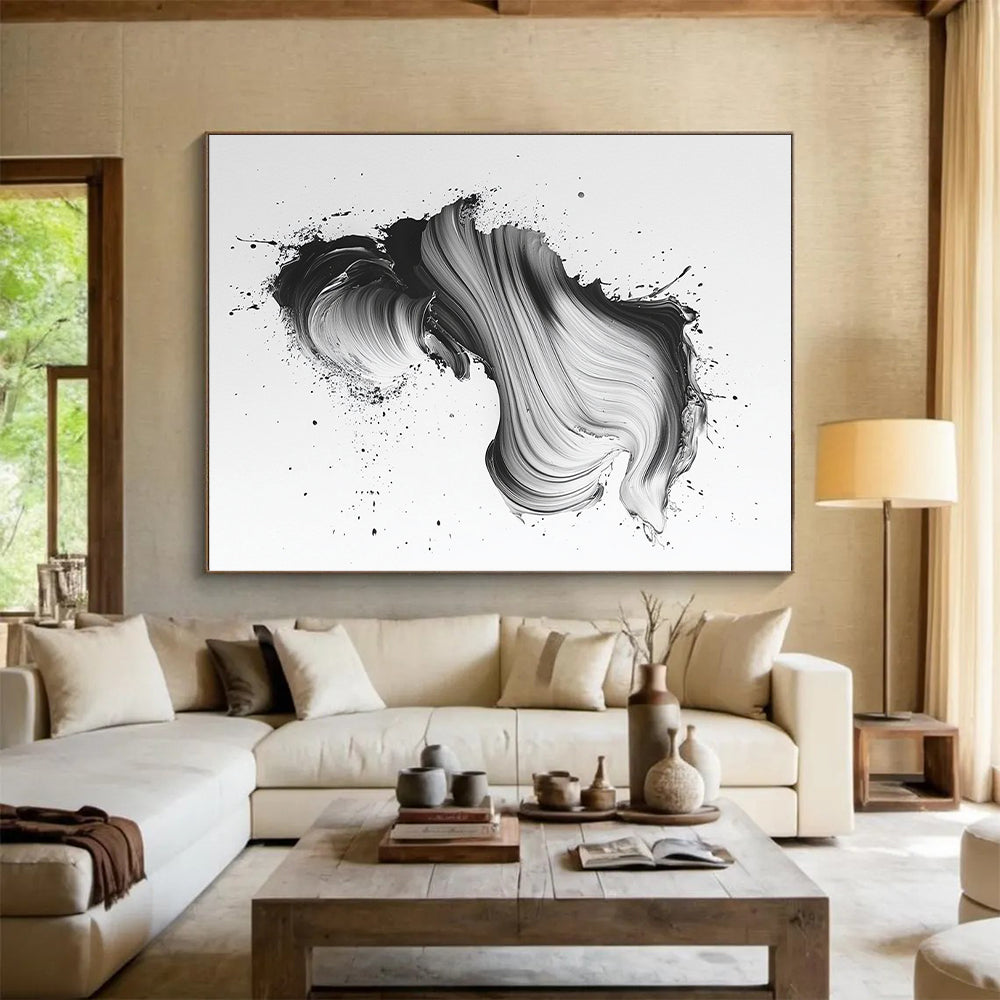 Black & Gray Swirled Brushstrokes on White - “Textured Ink Flow” Painting On Canvas HB220