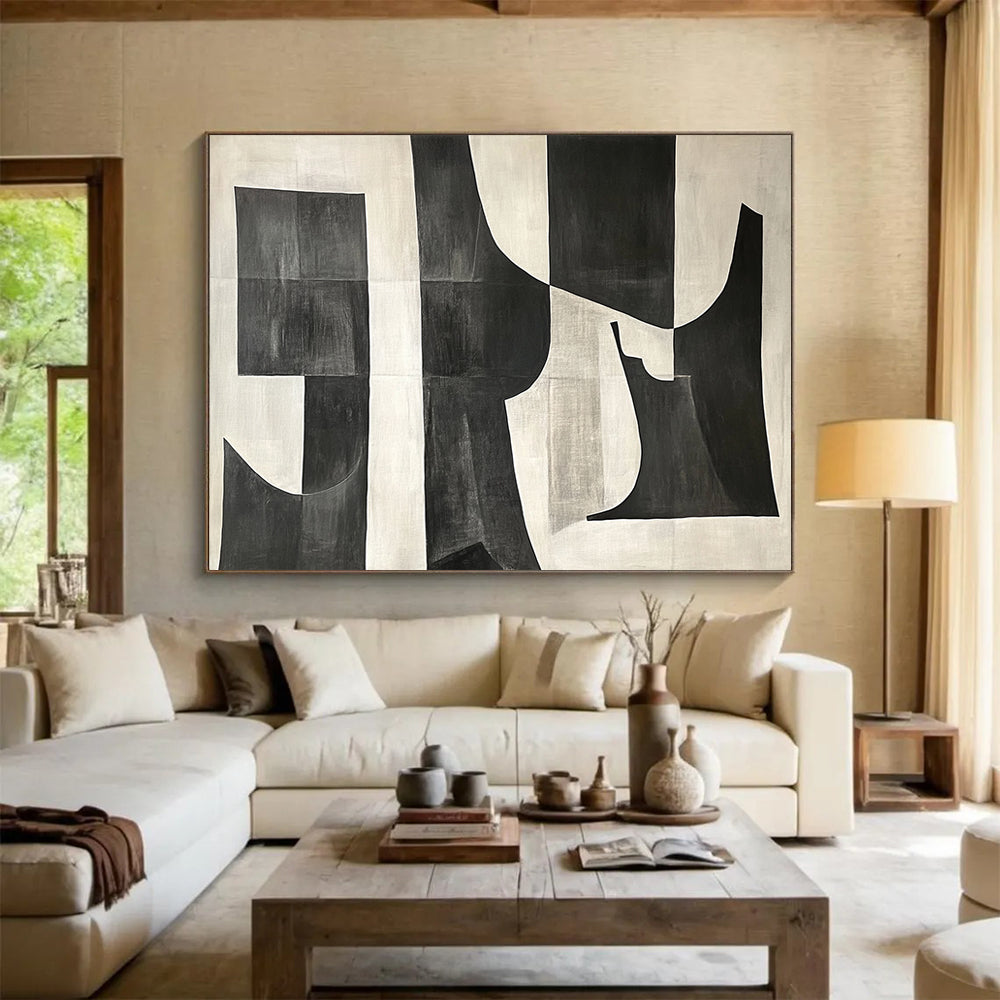 Black and White Geometric Abstract "Bold Shapes" Painting On Canvas HB0659