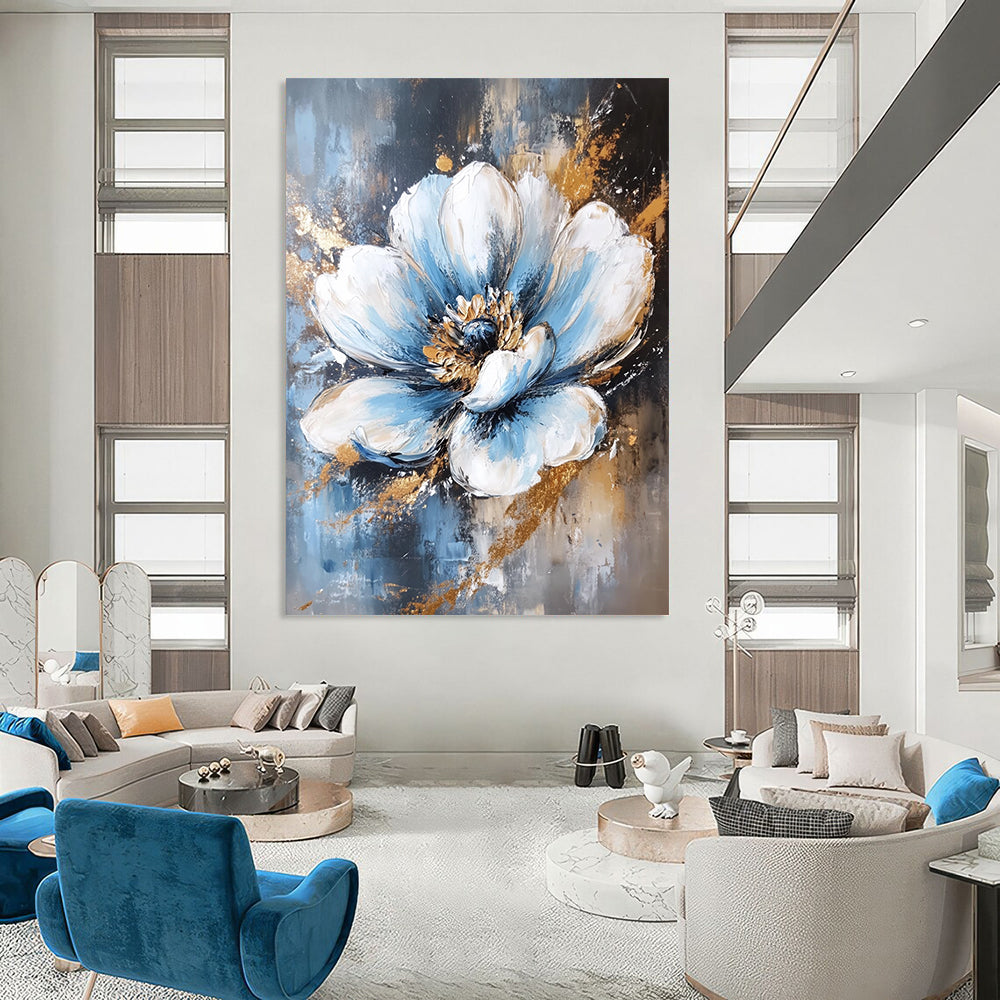 Contemporary abstract painting featuring a white and blue flower with elegant gold foil accents against a rich dark gold background. DLZ1677