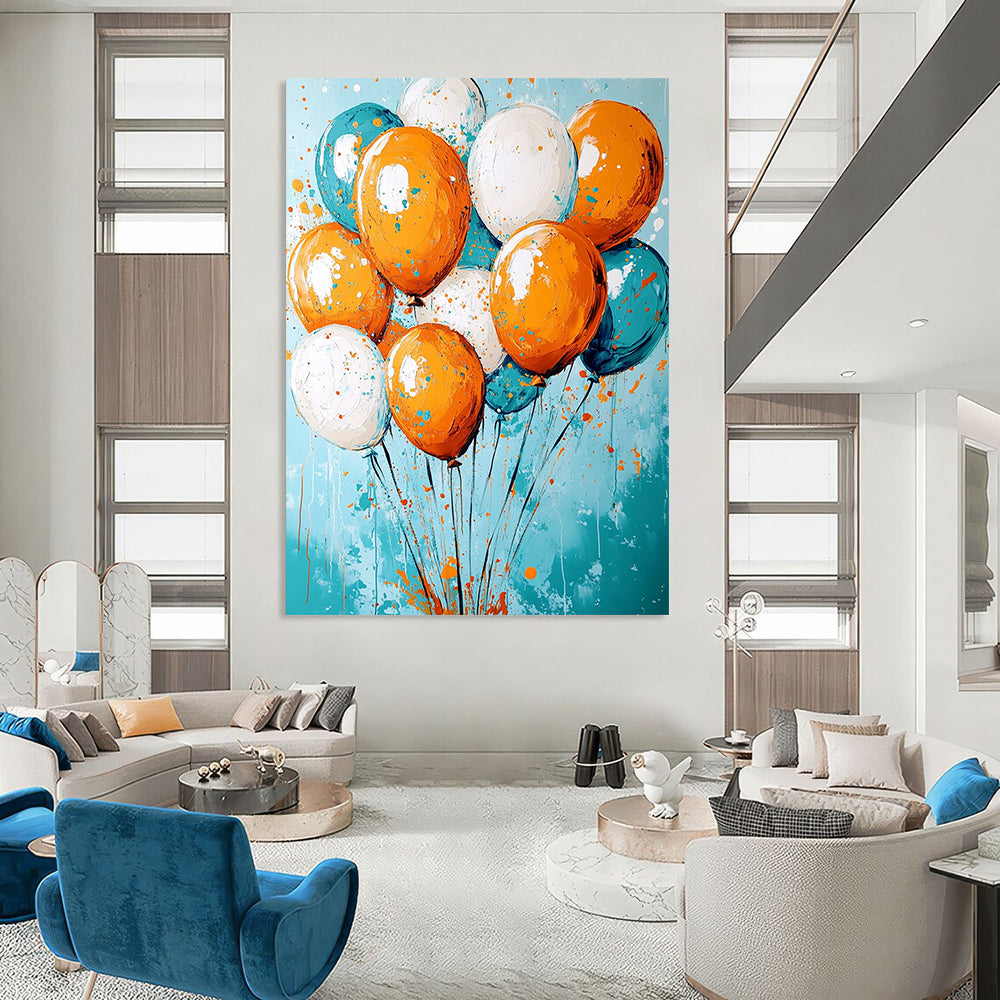 Contemporary abstract artwork featuring vibrant orange and teal colors, joyfully celebrating with floating balloons and dynamic paint splashes. DLZ0279