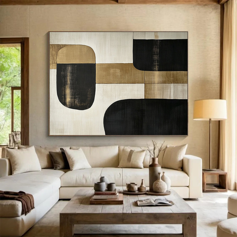 “Minimalist Gold - Black Shapes” - Gold, Black, Minimalist Abstract Painting On Canvas HB0782