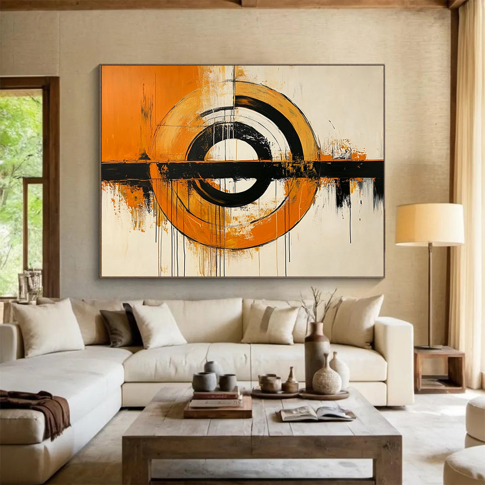 “Orange, Black, and White Abstract Circles” - Orange, black, white; Abstract circles with drips; Acrylic Painting On Canvas HB1224