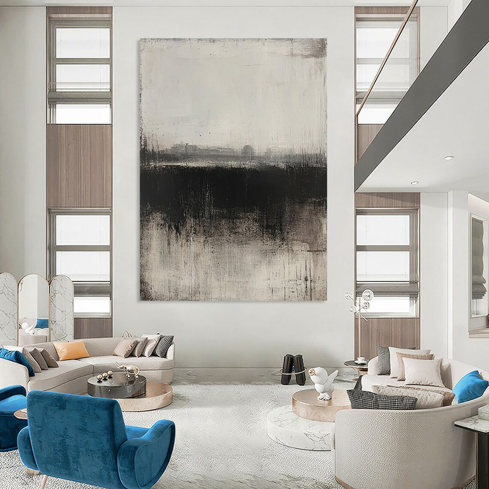 Contemporary hand-painted abstract artwork featuring a grey and black palette soft textures and a faint urban landscape in a minimalist style. DLZ0710