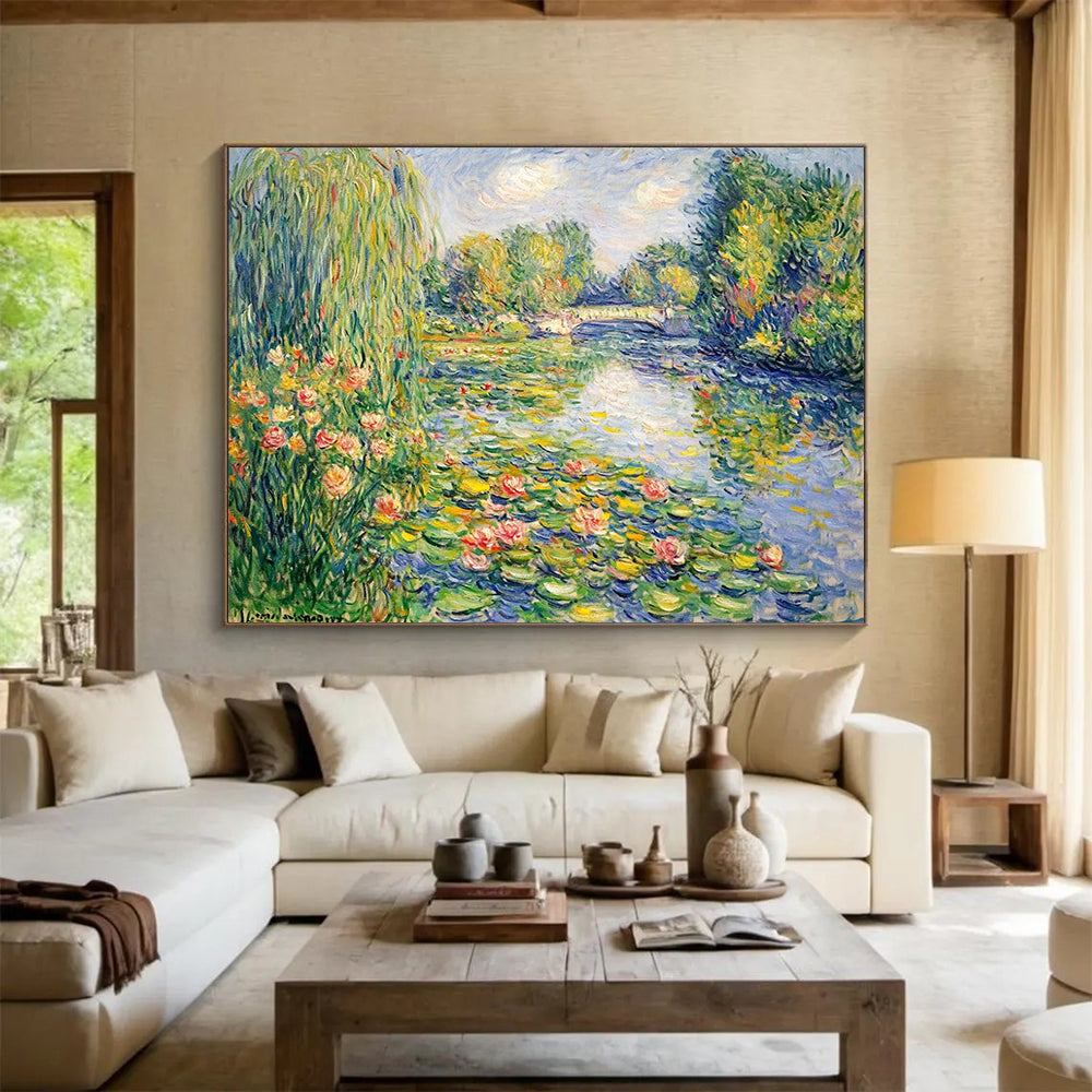 “Monet - Style Water Lilies” - Green, Blue, Pink, Classic Water Lily Scene - Impressionist Oil Painting HB1674