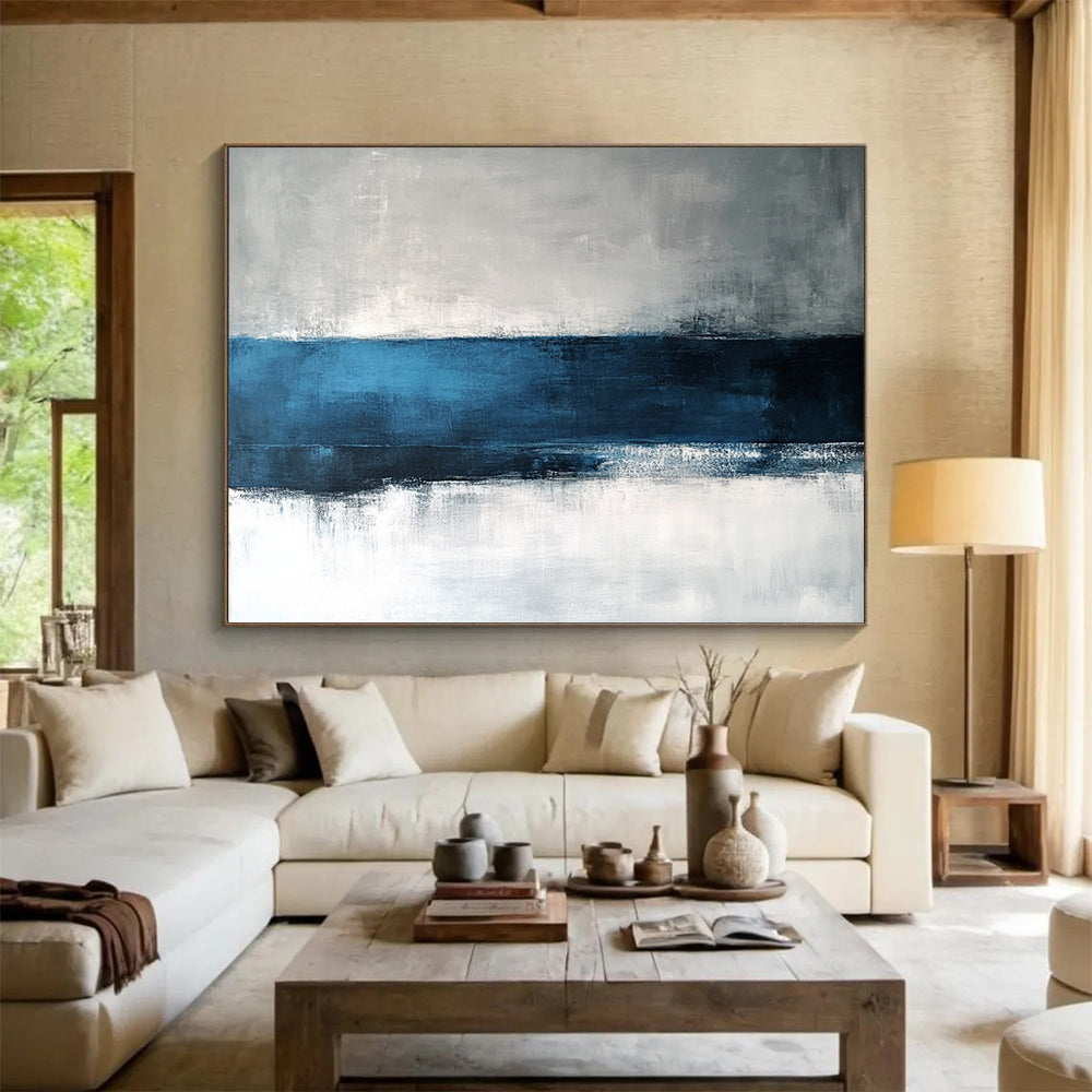 “Blue - Gray Horizon” - Blue, Gray, White, Minimalist Abstract Landscape Painting On Canvas HB1064