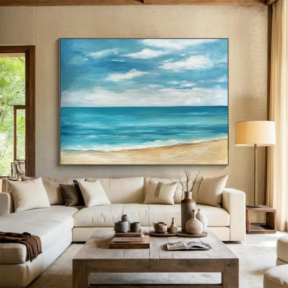 “Simple Coastal View” - Blues, Whites, Browns, Minimalist Beach - Acrylic Painting HB1602