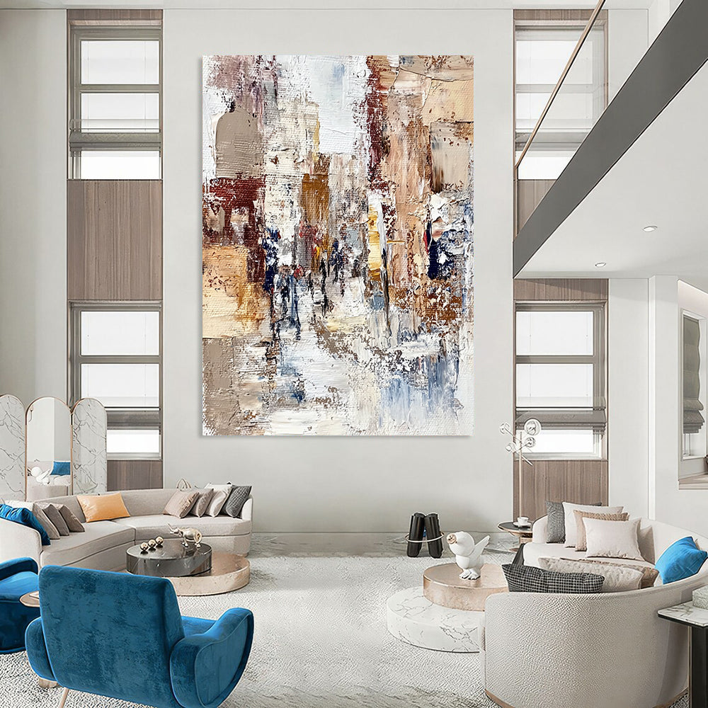 Contemporary hand-painted abstract artwork featuring textured streets and figures in an old European city with rich colors and intricate details. DLZ1005