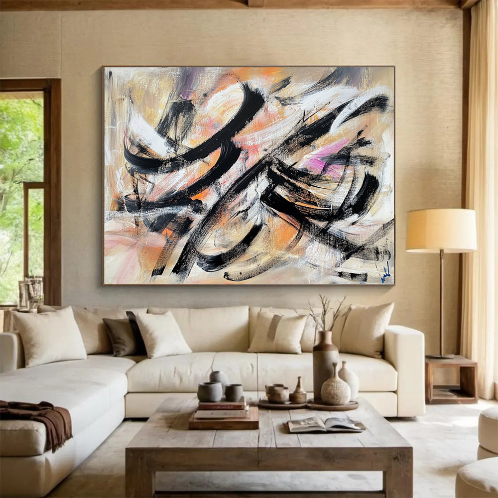 “Colorful Abstract Swirls” - Black, White, Orange, Pink, Purple, Fluid Brushstrokes - Acrylic Painting HB1628