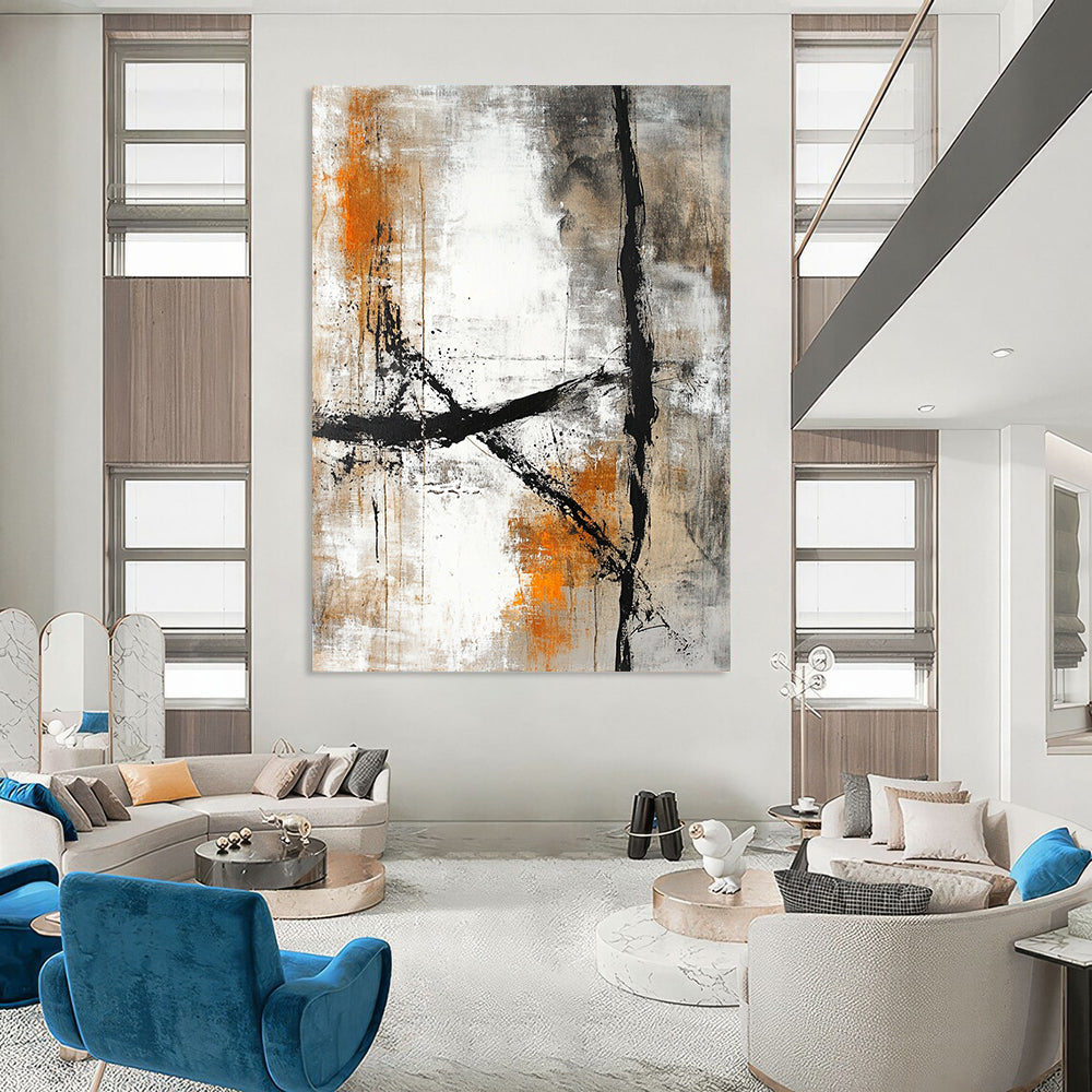 Contemporary hand-painted abstract art featuring a textured canvas with beige and white colors, accented by dark gray lines and light orange tones. DLZ0288