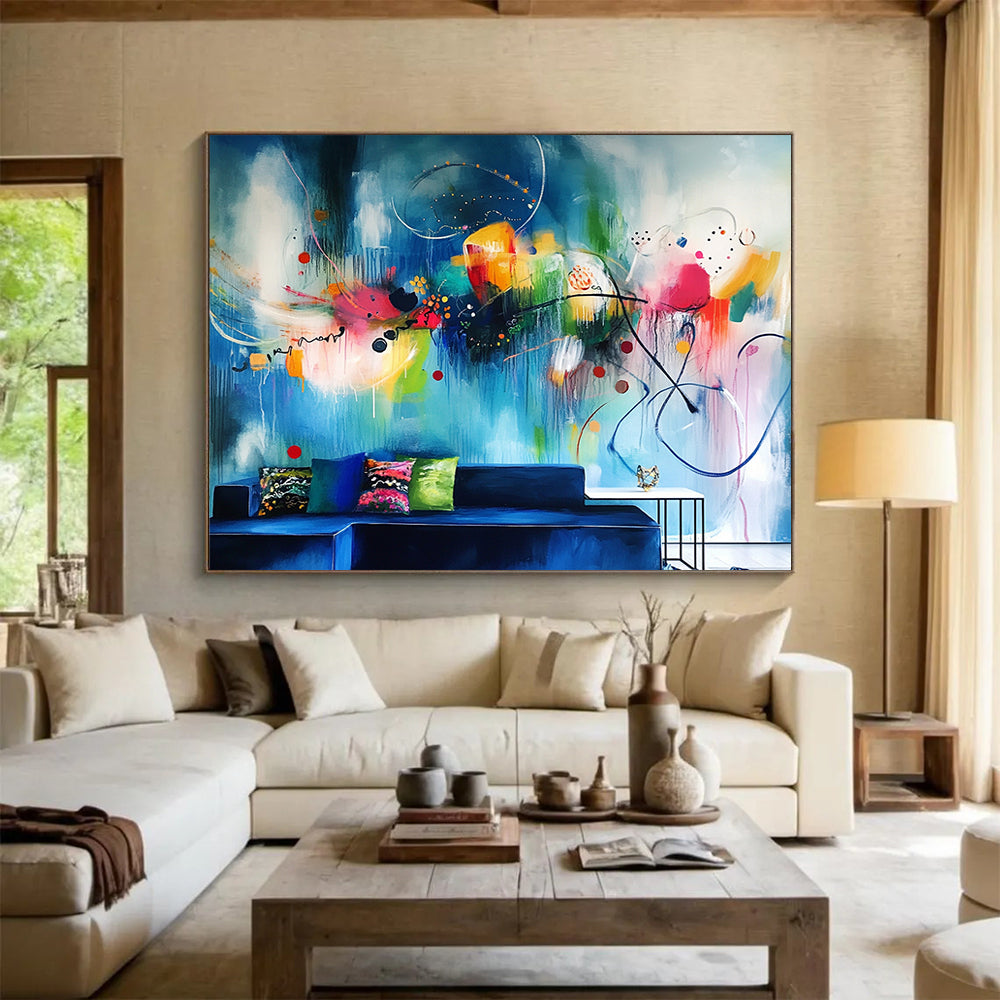 “Vibrant Abstract Wall Mural - Inspired Living Room Art” - Blue, Colorful, Abstract Large - scale Painting On Canvas HB1091
