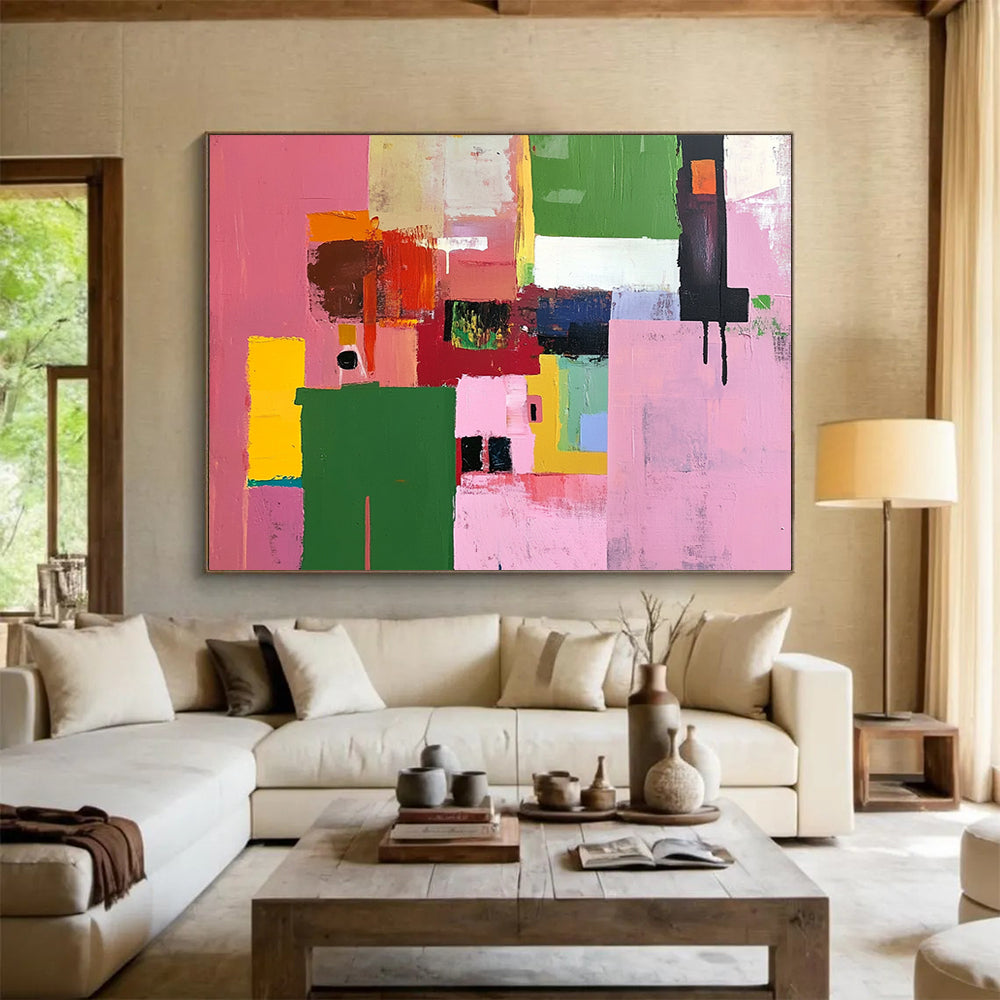 “Colorful Geometric Blocks” - Pink, Green, Yellow, Abstract Shapes - Acrylic Painting HB1487
