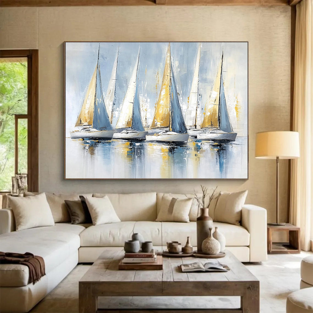 “Blue and Gold Sailboats” - Light Blues, Golds, Whites, Sailboats on Reflective Water - Impasto Oil Painting HB1734