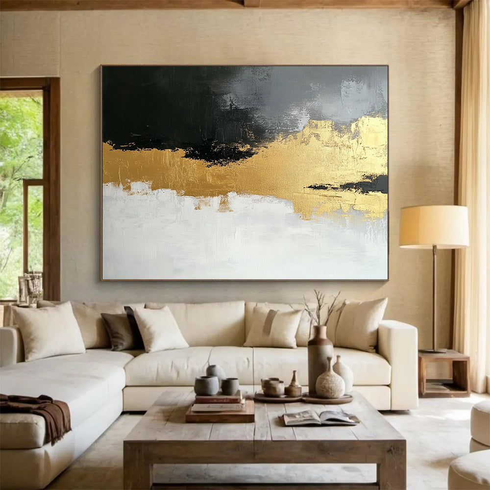 “Gold - Gray Abstract Fusion” - Gold, Gray, Textured Swirls Painting On Canvas HB0806