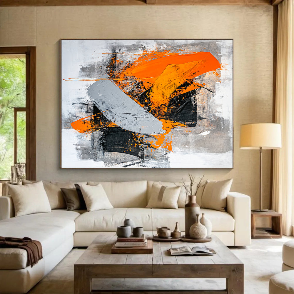 Black, Gray, Orange and White Bold Brushstrokes "Fiery Passion" Painting On Canvas HB329