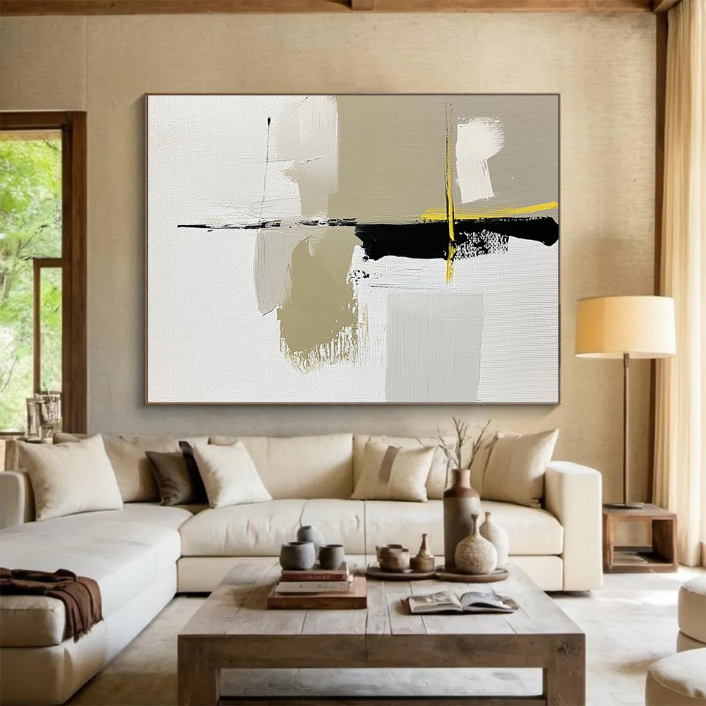 “Abstract Minimalist Shapes” - White, Beige, Black, Yellow, Geometric Abstract Painting On Canvas HB0958
