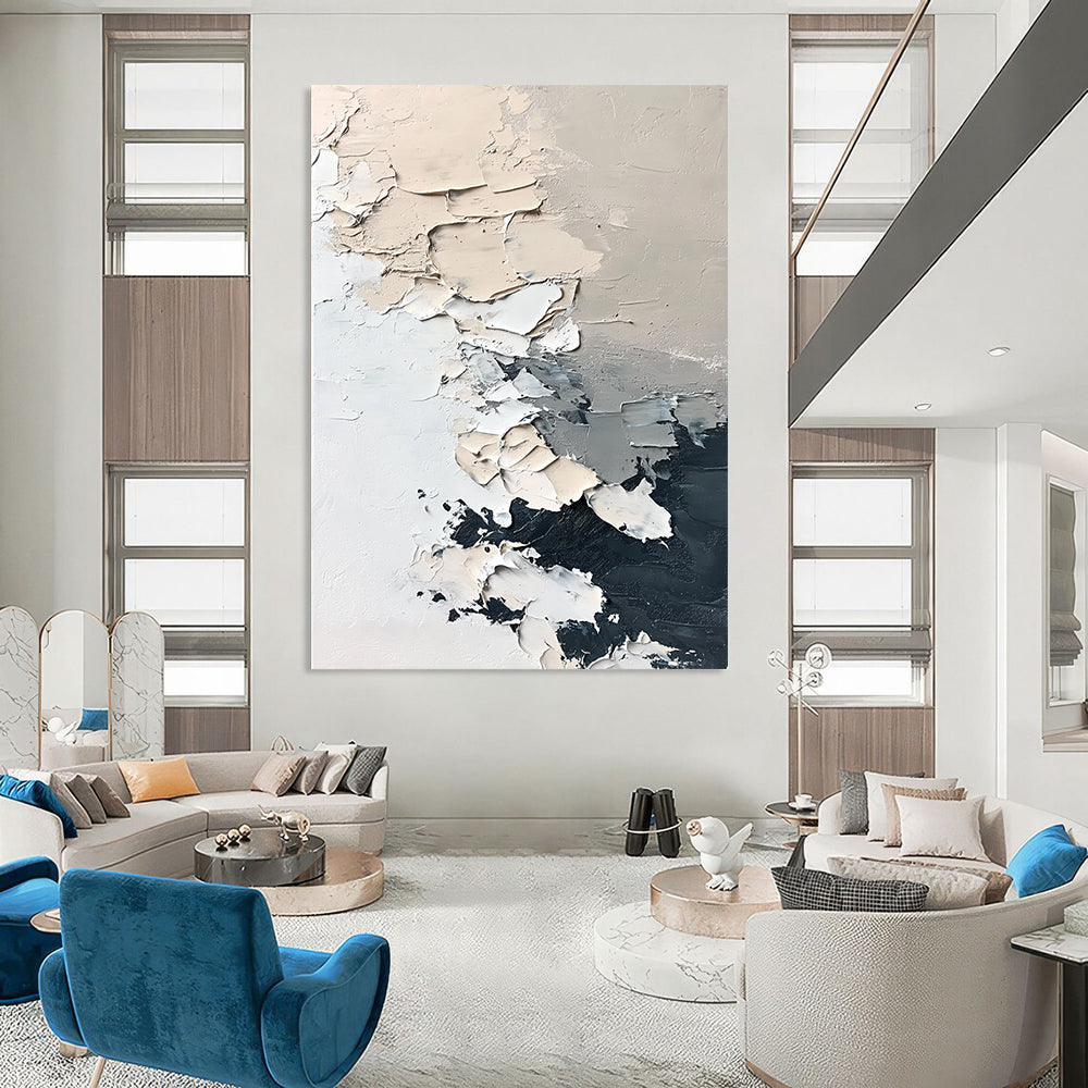 Abstract hand-painted contemporary art featuring textured icebergs and melting snowflakes in muted neutral colors with thick brush strokes on a minimalist white background. DLZ0426