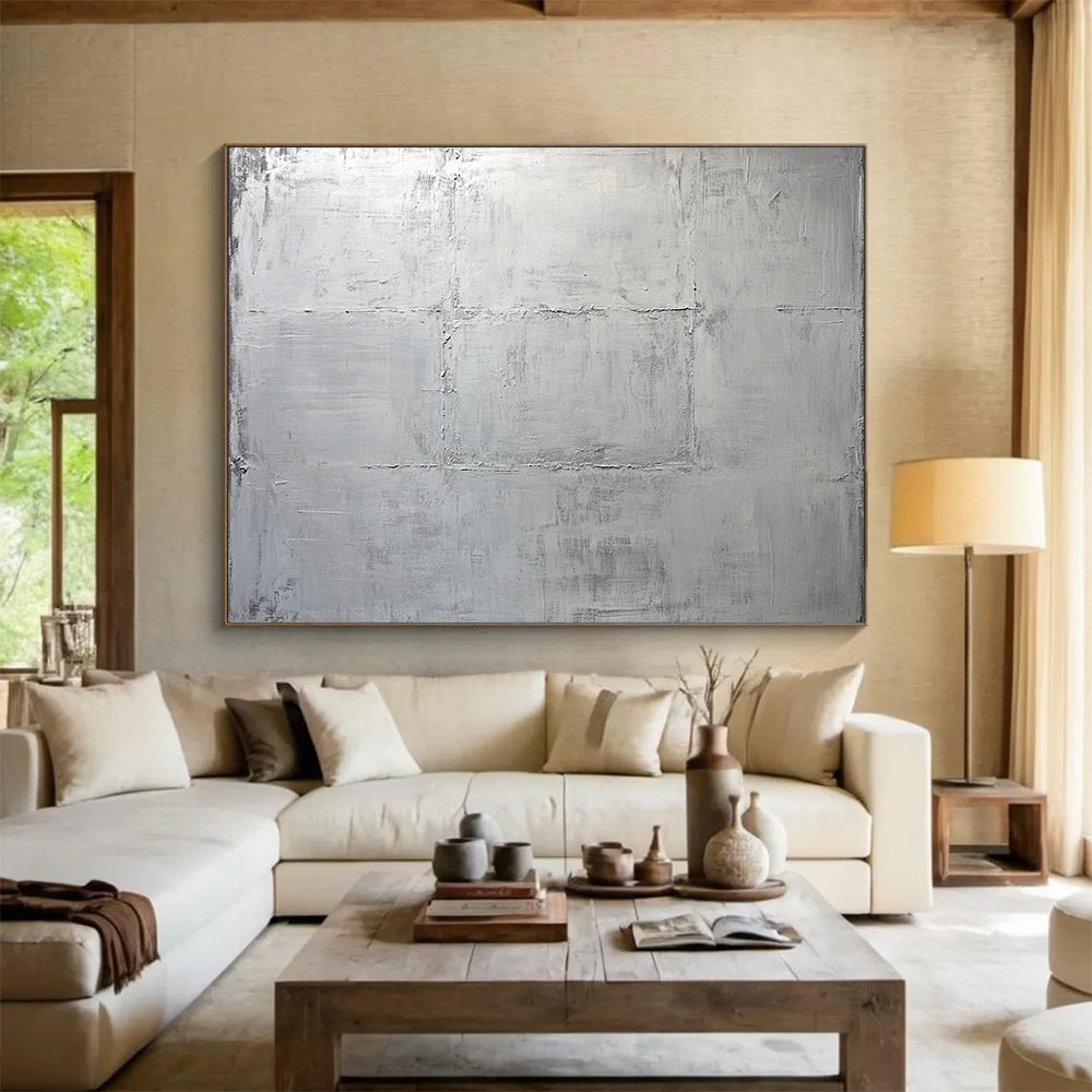 “Minimalist Silver Grid” - Subtle grays, textured grid, Minimalist Textural Painting On Canvas HB0575