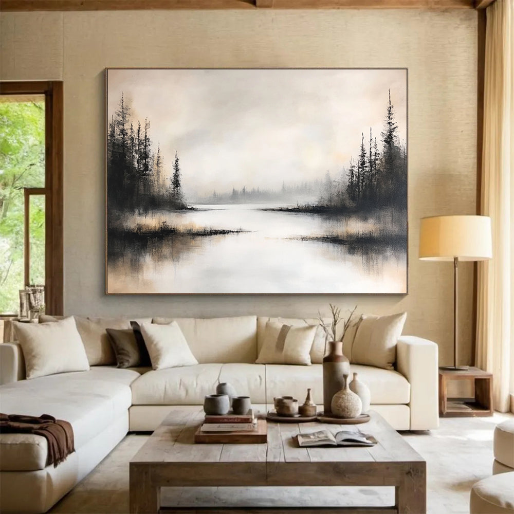 “Foggy Forest Lake” - Black, White, Gray, Silhouetted Trees and Misty Water Painting On Canvas HB0918