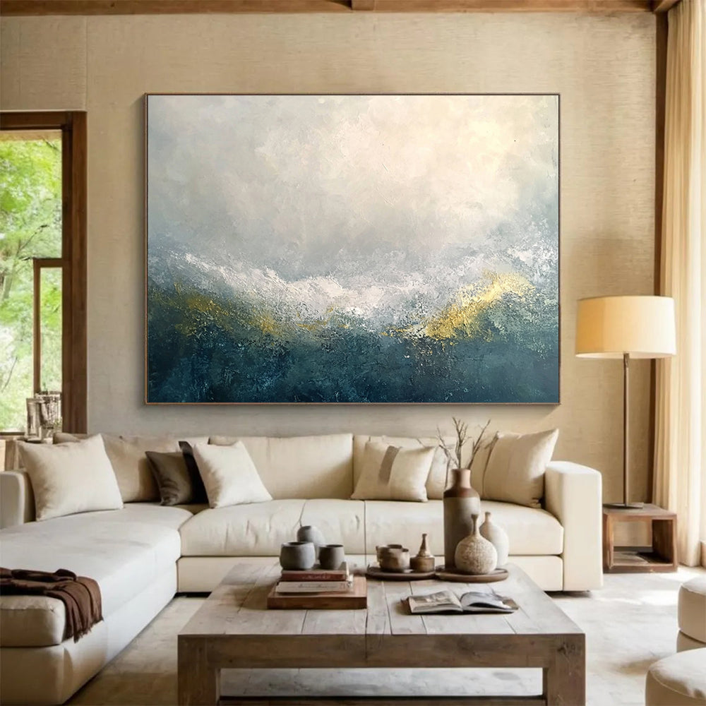 “Mystic Gray - Gold Horizons” - Gray, White, Gold, Abstract Misty Mountain Ranges Painting On Canvas HB1019