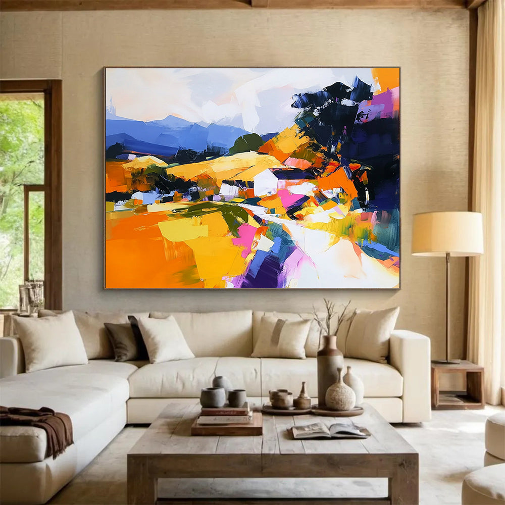 “Colorful Abstract Village” - Orange, Yellow, Pink, Purple, Abstract Village Landscape Painting On Canvas HB1115