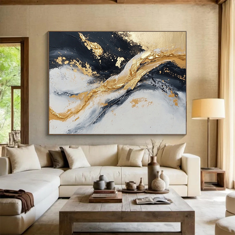 “Textured Gold - Black Wave Motion” - Gold, Black, Gray, Textured Waves Painting On Canvas HB0809