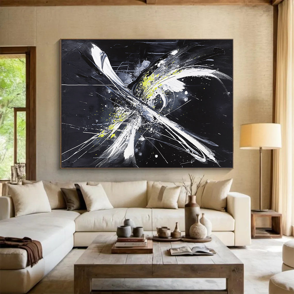 Black, White, Gray, Yellow, Explosive Strokes "Energetic Burst" Abstract Expressionist Painting On Canvas HB067