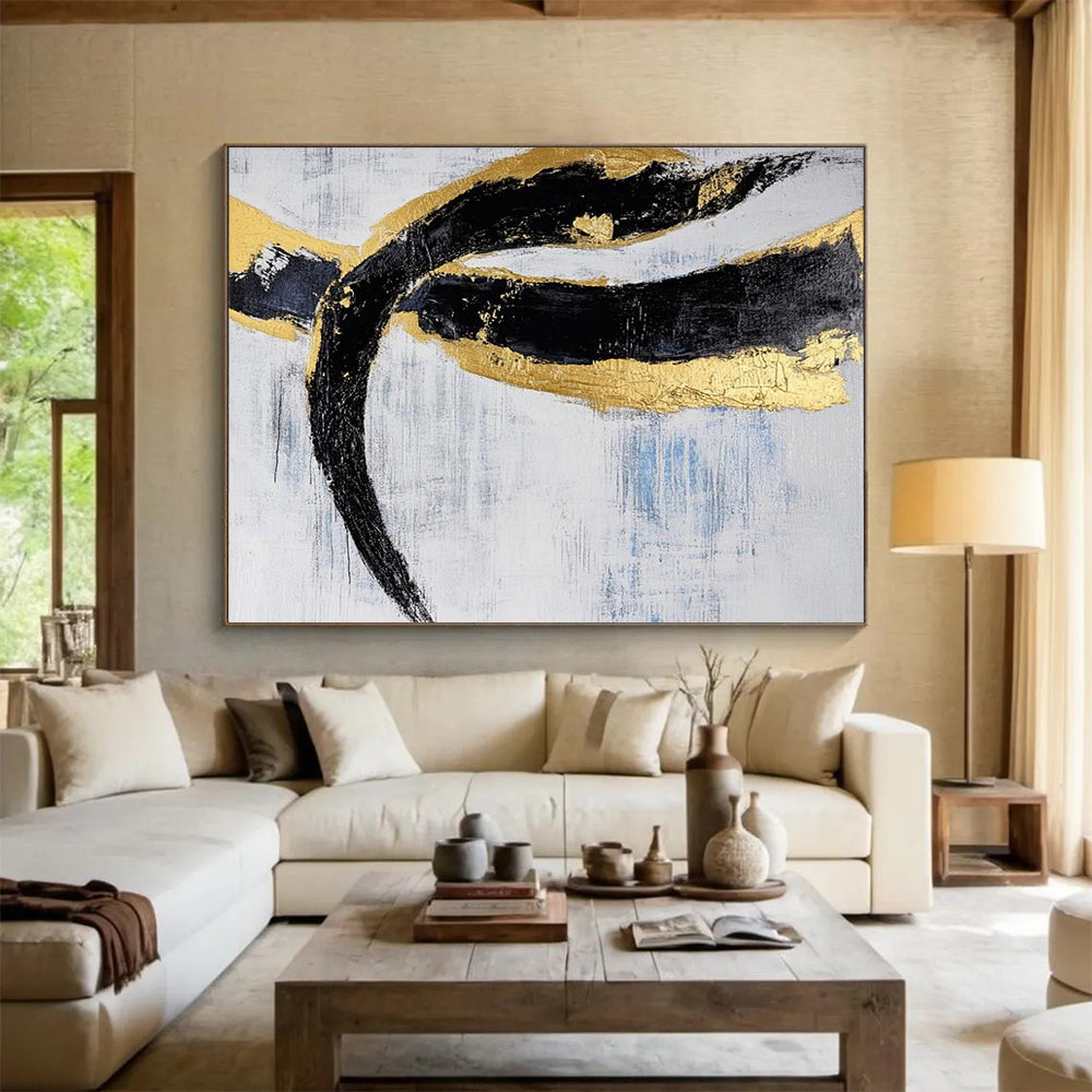 Black, Gold, Blue and White Abstract Swirls "Opulent Motion" Painting On Canvas HB0414