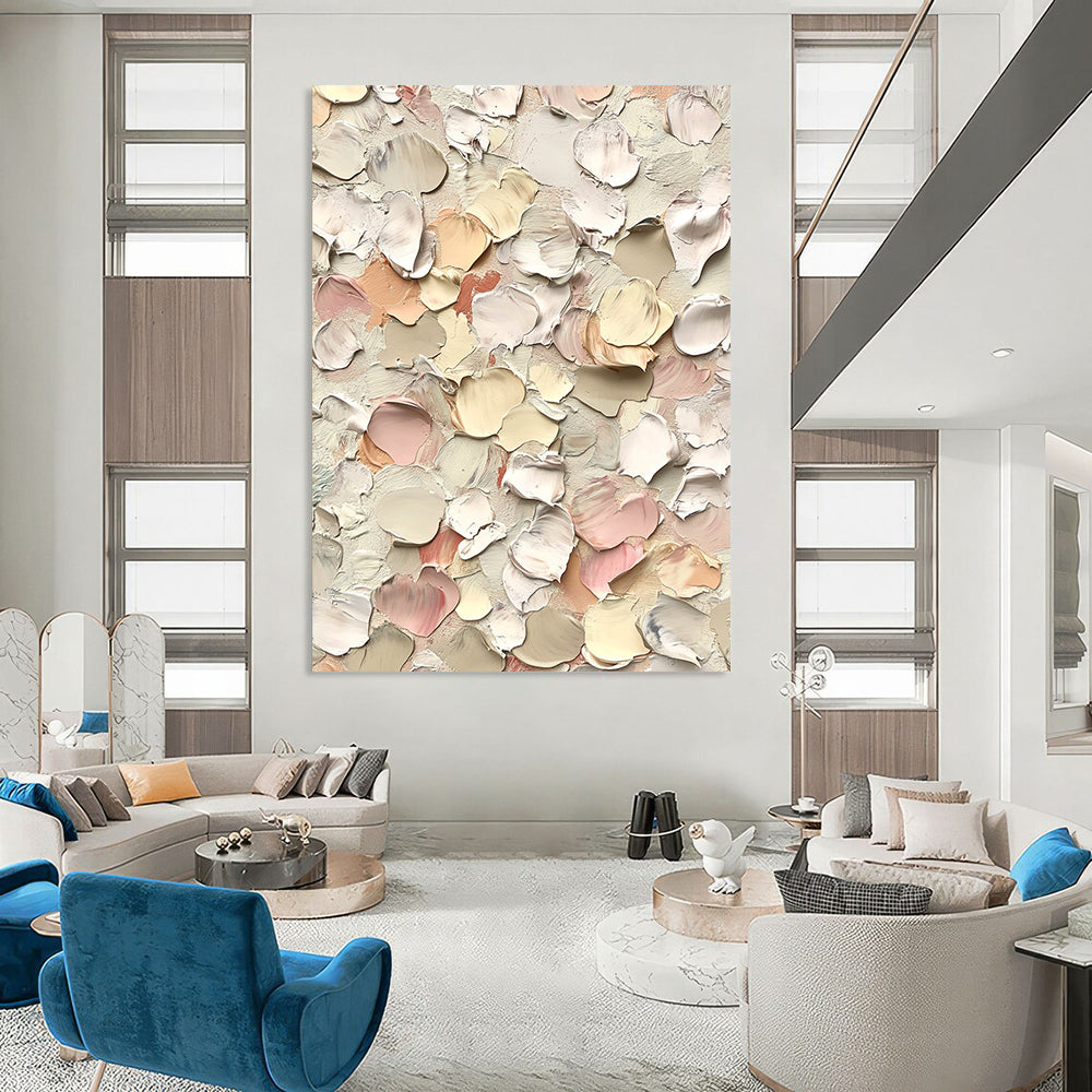 Large contemporary hand-painted abstract art featuring small flowers in cream and pink hues with thick impasto texture against a white background. DLZ0641